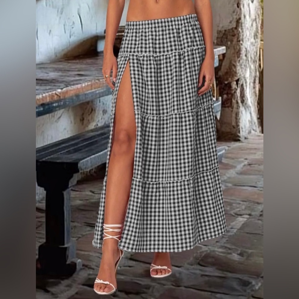 Casual Black & White Cotton Blend A-Line Plaid High Side Slit Tiered Maxi Skirt